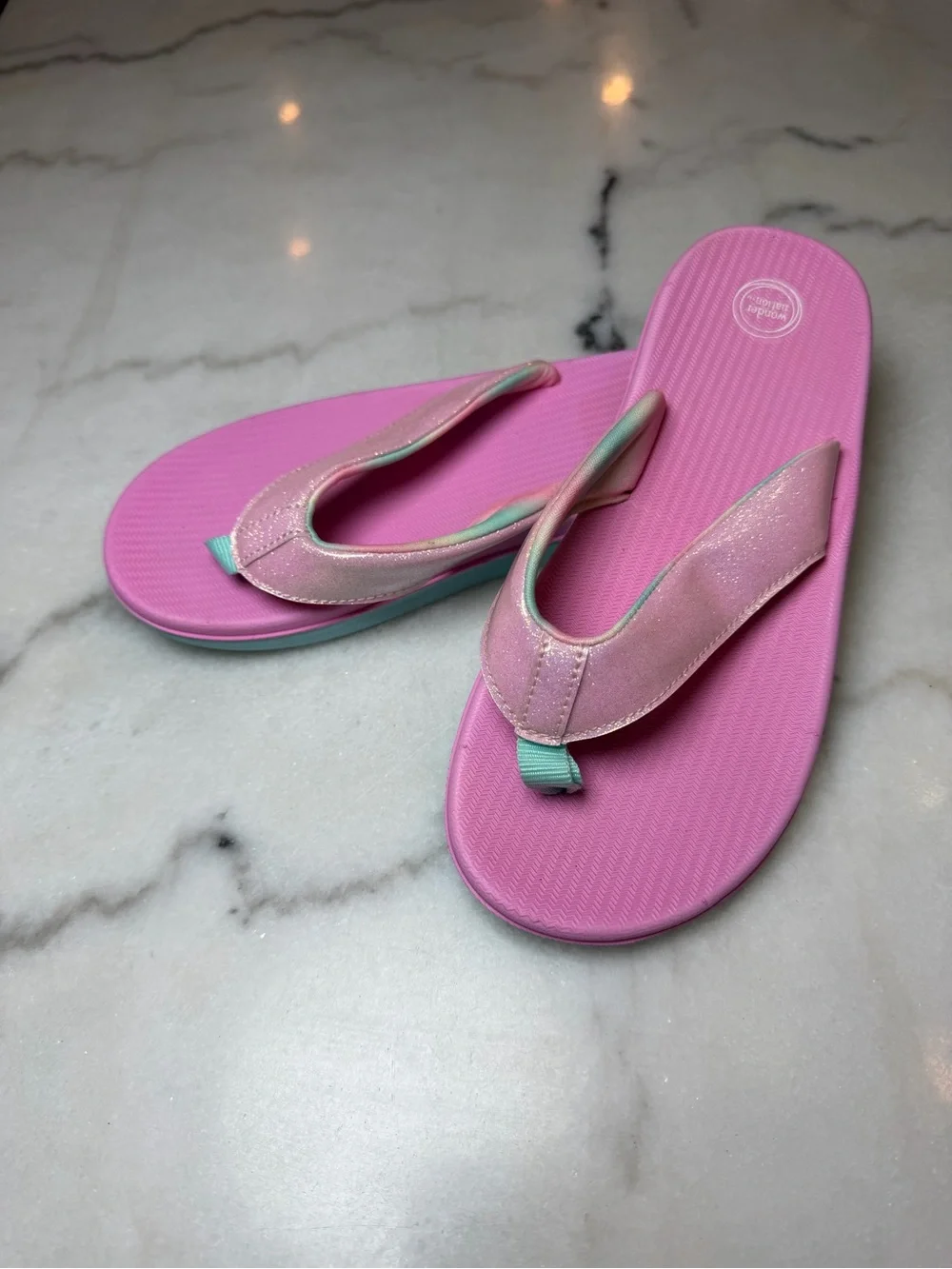 NWOT Wonder Nation Kids Pink Glitter Flip Flop Sandals with Mint Accent
